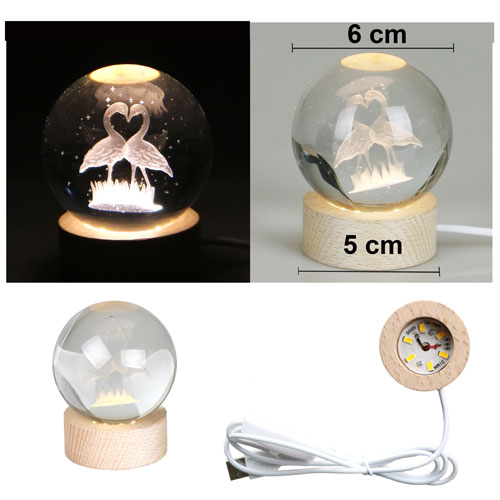 Işıklı Ahşap Standlı Flamingo Çift Cam Küre - USB Baglantılı - 2