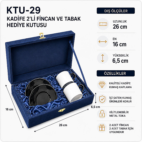Kadife 2'li Türk Kahvesi Fincan Hediye Kutusu - Lacivert - 3