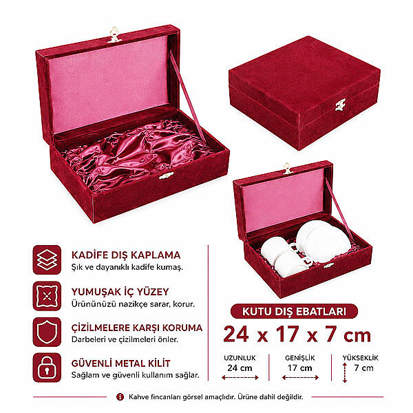 Kadife İkili Kahve Fincanı Kutusu - Bordo - 2