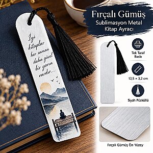 Sublimasyon Püsküllü Metal Kitap Ayracı - Fırçalı Gümüş (1)